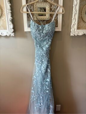 Light Blue Floral Lace Prom Gown with Spaghetti Straps
